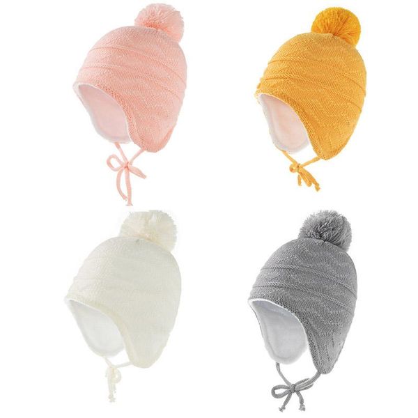 

caps & hats winter baby hat solid color big pompom knit boy girl beanie cap warm thick adjustable ear protection outdoor toddler kids bonnet, Yellow