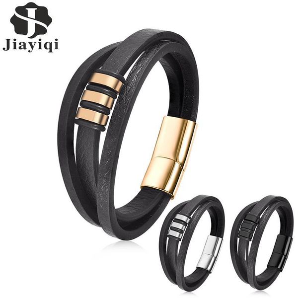 

charm bracelets jiayiqi punk black genuine leather bracelet multilayer rope chain stainless steel magnetic clasps bangle for men fashion jew, Golden;silver