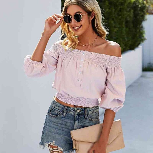 

women's summer spring new solid button blouse slash neck long lantern sleeve backless fashion ladies blouses 210413, White