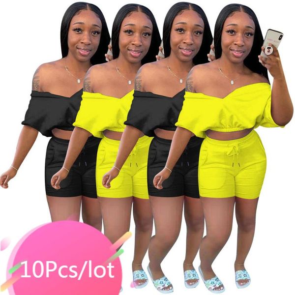 

women's tracksuits bulk items wholesale lots summer two piece outfits off shoulder short sleeve crop and shorts set casual 2 streetwea, Gray