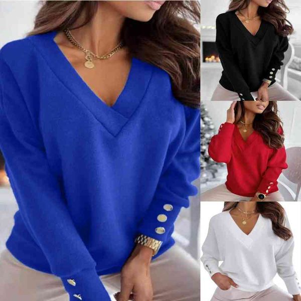 

women blouse casual sweater autumn winter long-sleeved sweatshirt loose solid color buttons v-neck ladies pullover, White;black