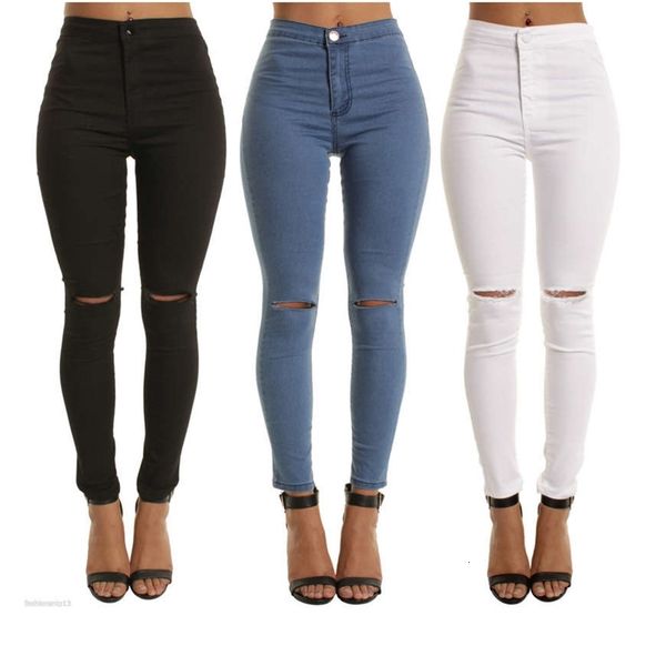 

women's jeans stretch show thin knee hole pants for women wciv, Blue