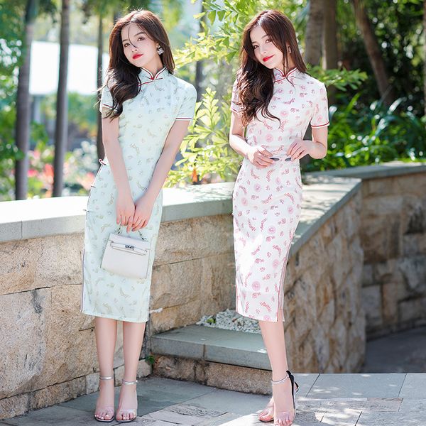 

summer printe satin handmade button qipao traditional chinese women wedding dress daily knee-length cheongsam, Red