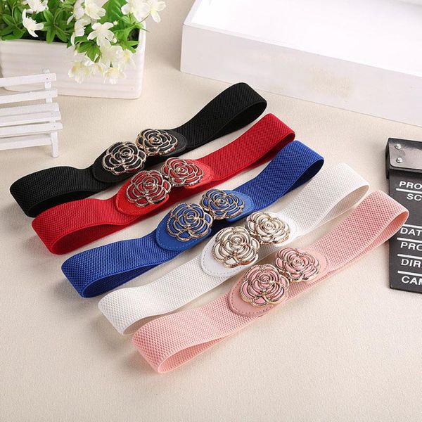 

belts in fashion creativity women all-match belt vintage metal flower elastic stretch buckle wide daily accessories, Black;brown