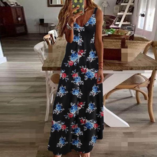 

casual dresses women deep v-neck long dress summer sleeveless floral print ladies sling beach maxi vestidos, Black;gray