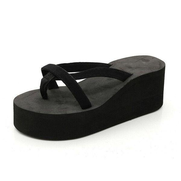 

women's summer beach herringbone high heels thick soles flip flops casual light slippers, Black