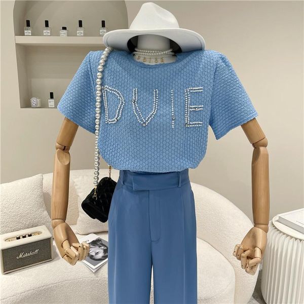 

women's spring summer 2021 fashion round neck loose comfortable small fresh short sleeve pearl nail letter t-shirt, White