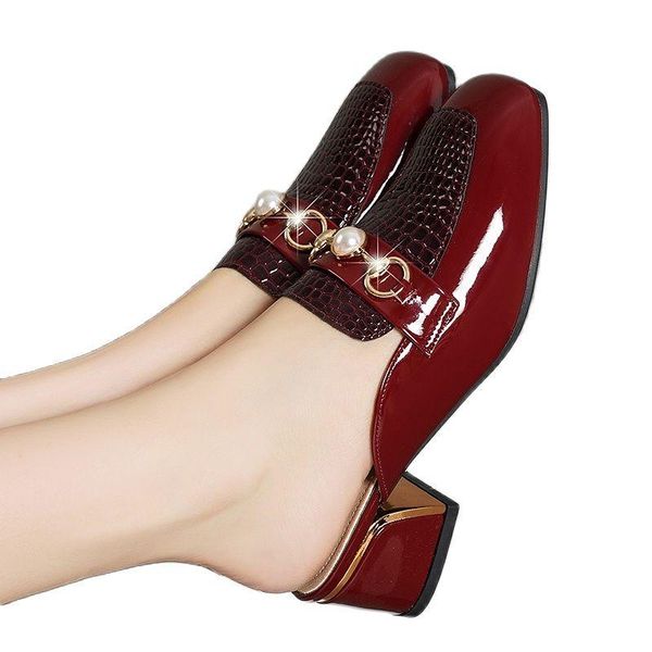 

slippers 2021 trend fashion baotou women elegant retro buckle square heel shoes summer outdoor pu leather women's, Black