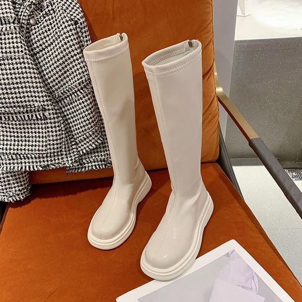 

boots 2021 autumn women soft leather knee high thick bottom woman long fashion waterproof round toe plush footwear, Black