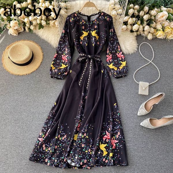 

women autumn dress hollow o-neck tie nipped waist long printed bandage female maxi vestidos uk116 210512, Black;gray