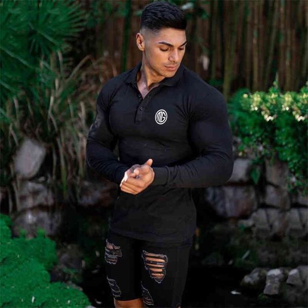 

muscleguys spring fashion long sleeve polo shirts men slim fit turn collar male fitness polo shirt cotton bodybuilding poloshirt 210421, White;black