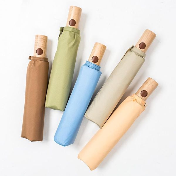 

umbrellas korea automatic uv protection folding umbrella wooden handle black coating windproof sun rain vintage gear u6b