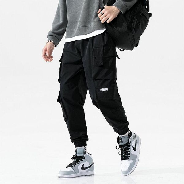 

men's pants streetwear casual joggers men side-pockets mens cargo fashion slim sweatpants harem ankle-length trousers, Black
