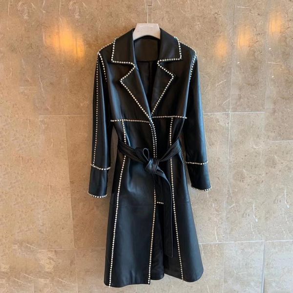 

women's leather & faux black color coat spring women x-long length imported zealand sheepskin clothes with belt set auger decoration