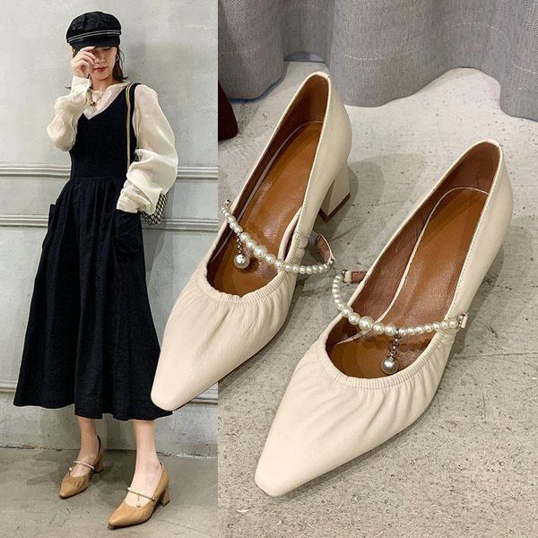 

mary jane shoes female design string bead pumps woman pointed toe elastic band slip on talons thick high heels women 2021 dress, Black