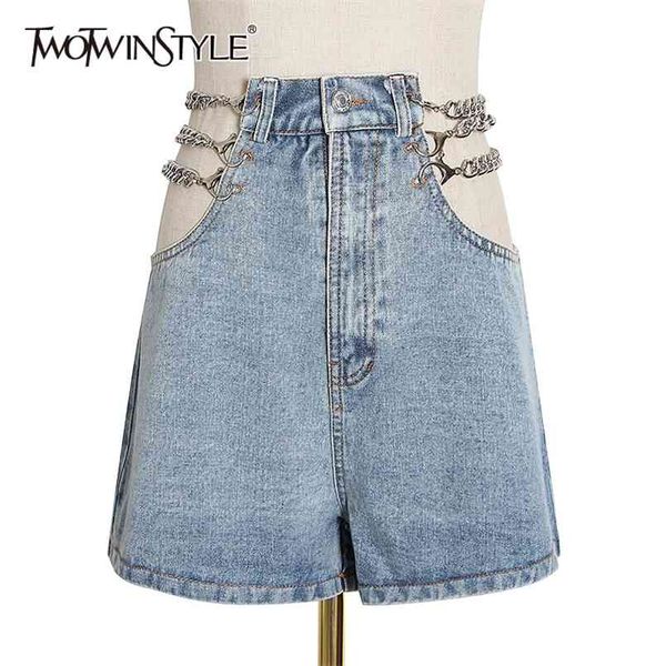 Sexy patchwork chian mulheres denim shorts cintura alta cintura oco out hit cor larga perna jeans roupas femininas moda 210521