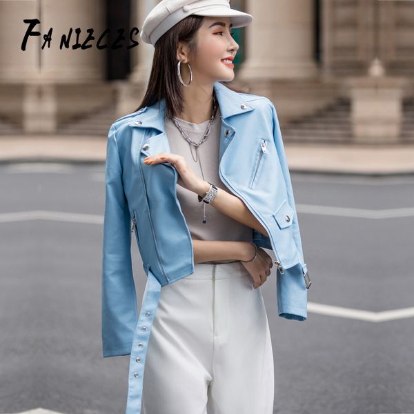 Mavi Deri Ceket Kadınlar Uzun Kollu Fermuar Slim Fit Ceket Kadın Dış Giyim Toka Kemer Epaulet Turn-Aşağı 210520