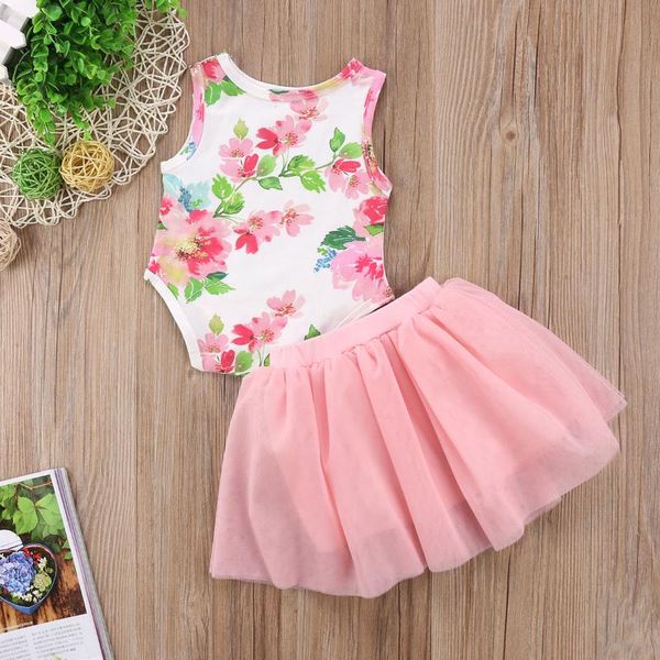 

clothing sets 0-24m toddler born baby girls summer dress flower print sleeveless bodysuits +mesh skirts 2pcs set, White