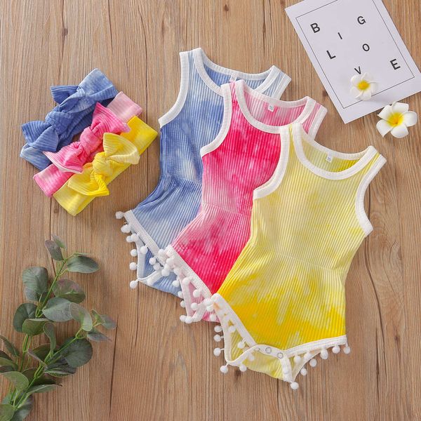 

summer children's wear girls' lady triangle climbing tie dye sleeveless pit bar one piece long suit, White