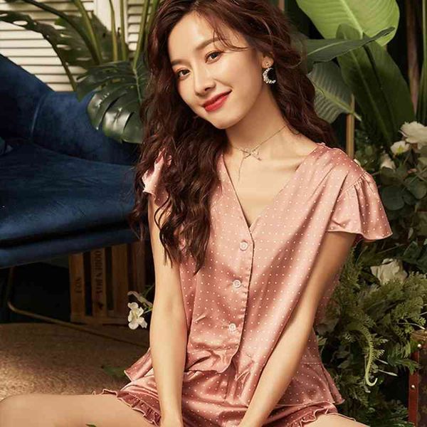 

women's sleepwear 2021 summer new short sleeve +shorts 2pcs dot printed pajamas ice-silk v-neck ruffle bottom polyester comfort se, Black;red