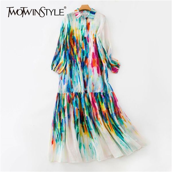 

summer colorful women dress lapel lantern sleeve button loose ankle length dresses female fashion 210520, Black;gray