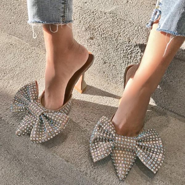 

slippers bling rhinestone bowknot high heel women green goblet heels gladiators sandals slides summer party shoes, Black