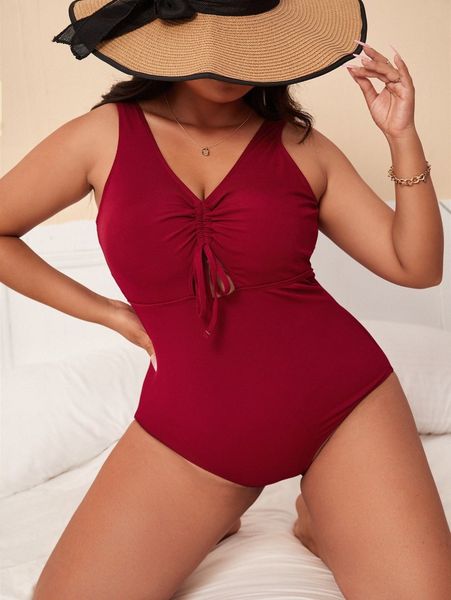 

plus plain rib drawstring one piece swimsuit s9w4#, Black