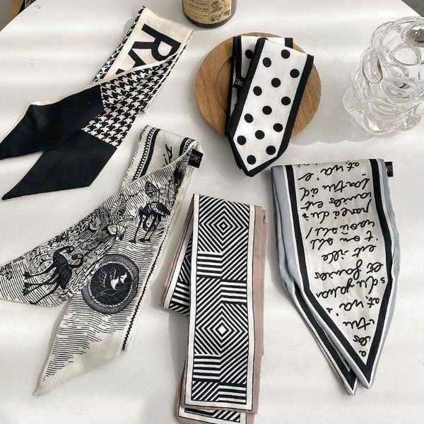 

scarves lady long skinny silk scarf hairband neck tie design print hair hoop accessories cool girl summer 2021, Blue;gray