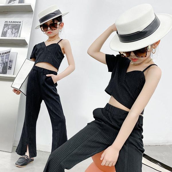 

fashion fried street small suit girl 2021 summer suspender with slit high waist wide leg pants two-piece clothing sets, White