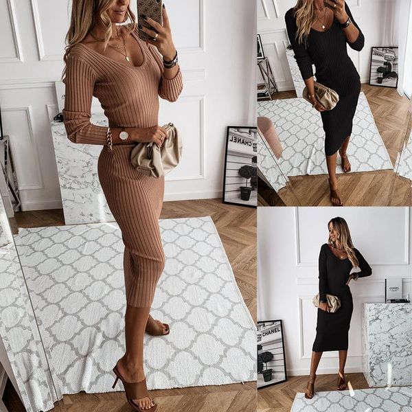 

spot 2021 spring and summer european american women's long sleeve v-neck solid color dress om9482 casual dresses, Black;gray