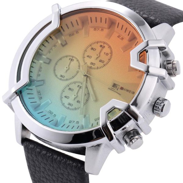 

wristwatches brand men's sports chronograph watches leather quartz color refractive glass creative business wristwatch relogio masculin, Slivery;brown