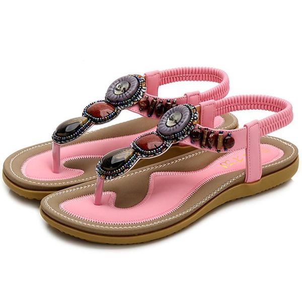 

summer fashion bohemian open toe ladies sandals versatile beads flat bottom flip flops elastic band women's shoes mujer, Black