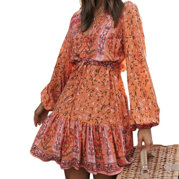 

women autumn boho floral print dress long sleeve v-neck loose casual mini ladies elegant holiday sundress dresses, Black;gray