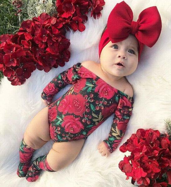 

clothing sets 3pcs baby girl floral clothes born girls off shoulder long sleeve romper headband socks outfits set infant kid 0-24m, White