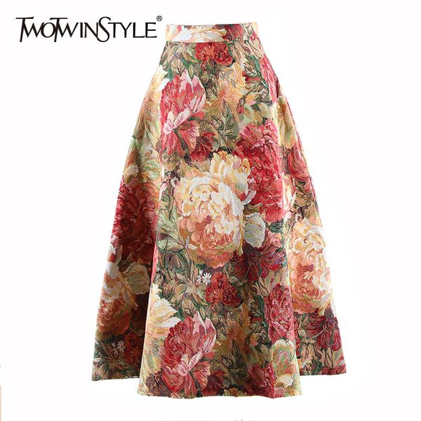 

print floral midi skirt for women high waist hit color vintage chinese style skirts female fashion new clothing 210428, Black