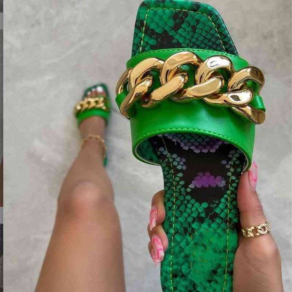 

75% off factory outlet sale candy color metal chain slippers square summer sandals shoes women open toe pu leather green ytmtloy zapatillas, Black
