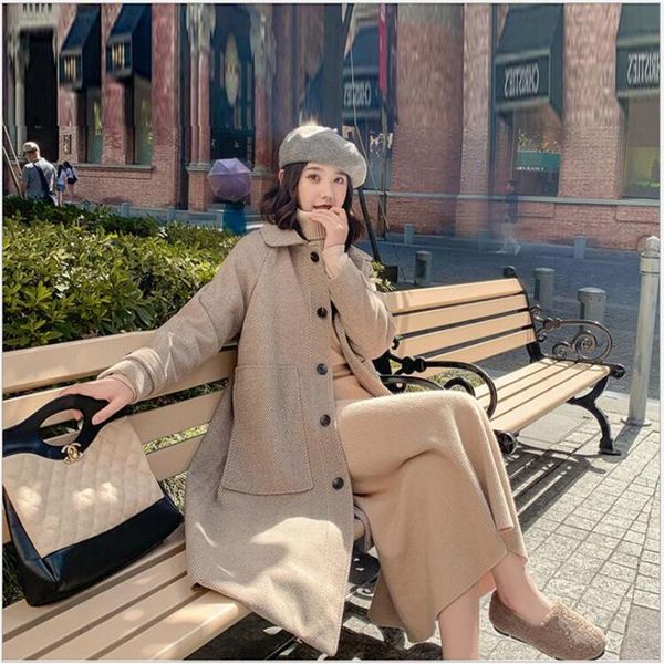 

women's wool & blends woolen coat women classic long coats 2021 jackets trench winter outerwear elegant woman z288, Black