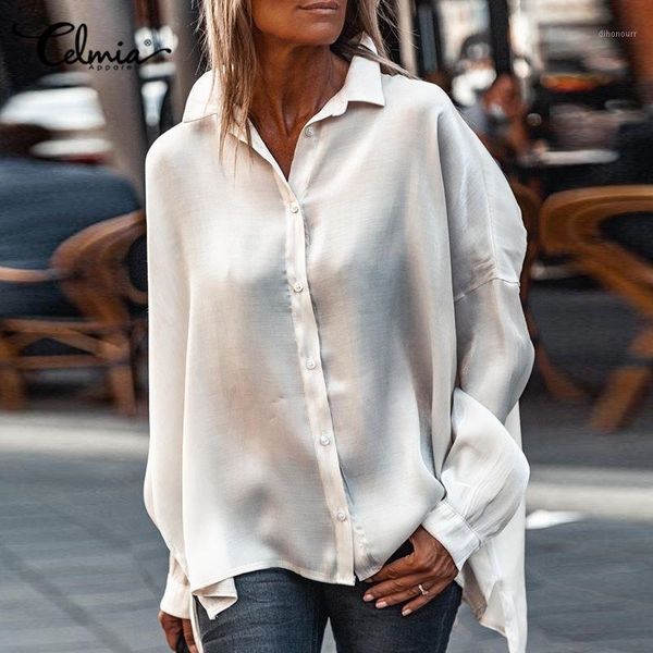 

& women's shirts celmia long sleeve lapel casual blouses fashion autumn buttons loose solid elegant office lady 71 ezvg, White