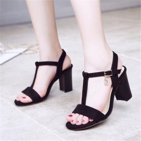 

summer with the sandals high-heeled shoes belt button t women's student thick heel female, Black