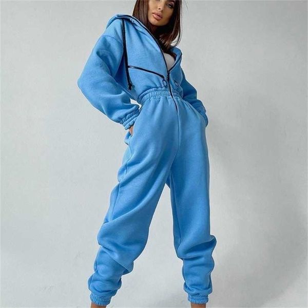 

winter women jumpsuits warm overalls casual fleece zipper pocket hoodie sweatshirts loose solid outfit tracksuit 211119, Black;white