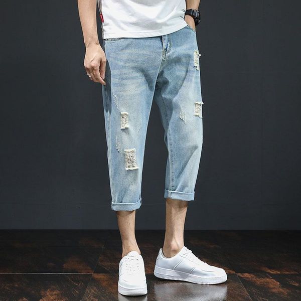 

men's summer loose holes fashion personality leisure all-match trend han fan seven-point jeans casual pants youth vitali, Blue