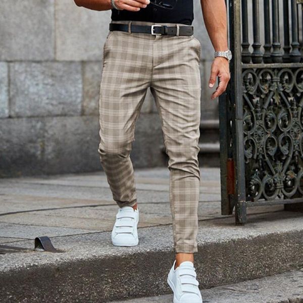 

men's pants spring fashion plaid printed pencil 2022 for mens vintage mid waist button trouser male summer casual long pant streetwear, Black