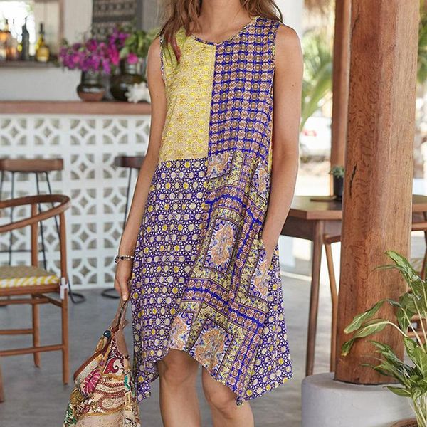 

women's swimwear fashion vintage floral print women dress beachwear sleeveless round neck knee-length skirt casual loose lady beach ves, White;black