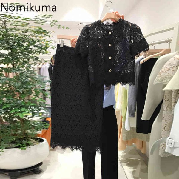 

nomikuam fashion elegant lace women skirt sets short sleeve blouse + high waist slim skirts korean 2 pieces outfits 6h504 210427, White