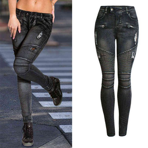 Jeans da motociclista con cerniera Jeans da donna in denim elasticizzato Pantaloni skinny da donna Nero 211129