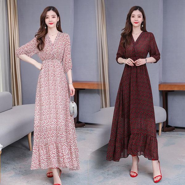 

casual dresses dress women spring/summer korean version of fashion trend model over the knee v collar temperament waist show thin red, Black;gray