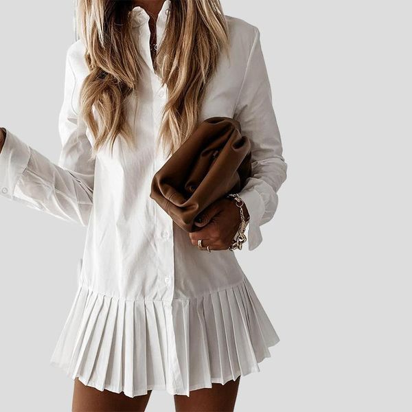 

casual dresses autumn long sleeve white pleated shirt elegant dress 2021 women turn down collar mini button lady a line office, Black;gray