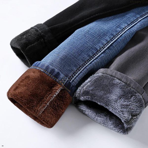 

women's jeans boyfriend for women students plus velvet female casual warm high waist stretch streetwear autumn winter, Blue