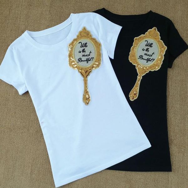 

sequin mirror short sleeve solid womens t shirt cotton camisetas mujer, White