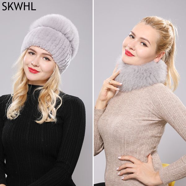 

women winter real rex rabbit fur hat scarf 2 pieces knitted natural fox cap scarves set, Blue;gray